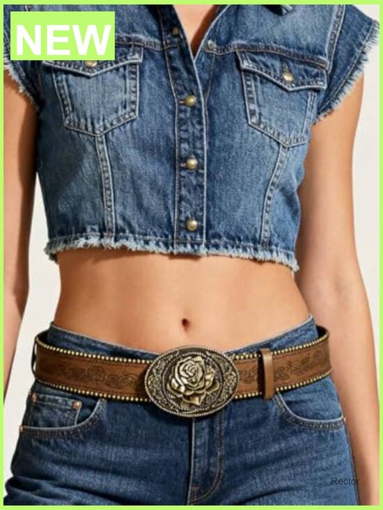 Vintage Western Belt with Heart Embossed Buckle for Women – Adjustable PU main image 4